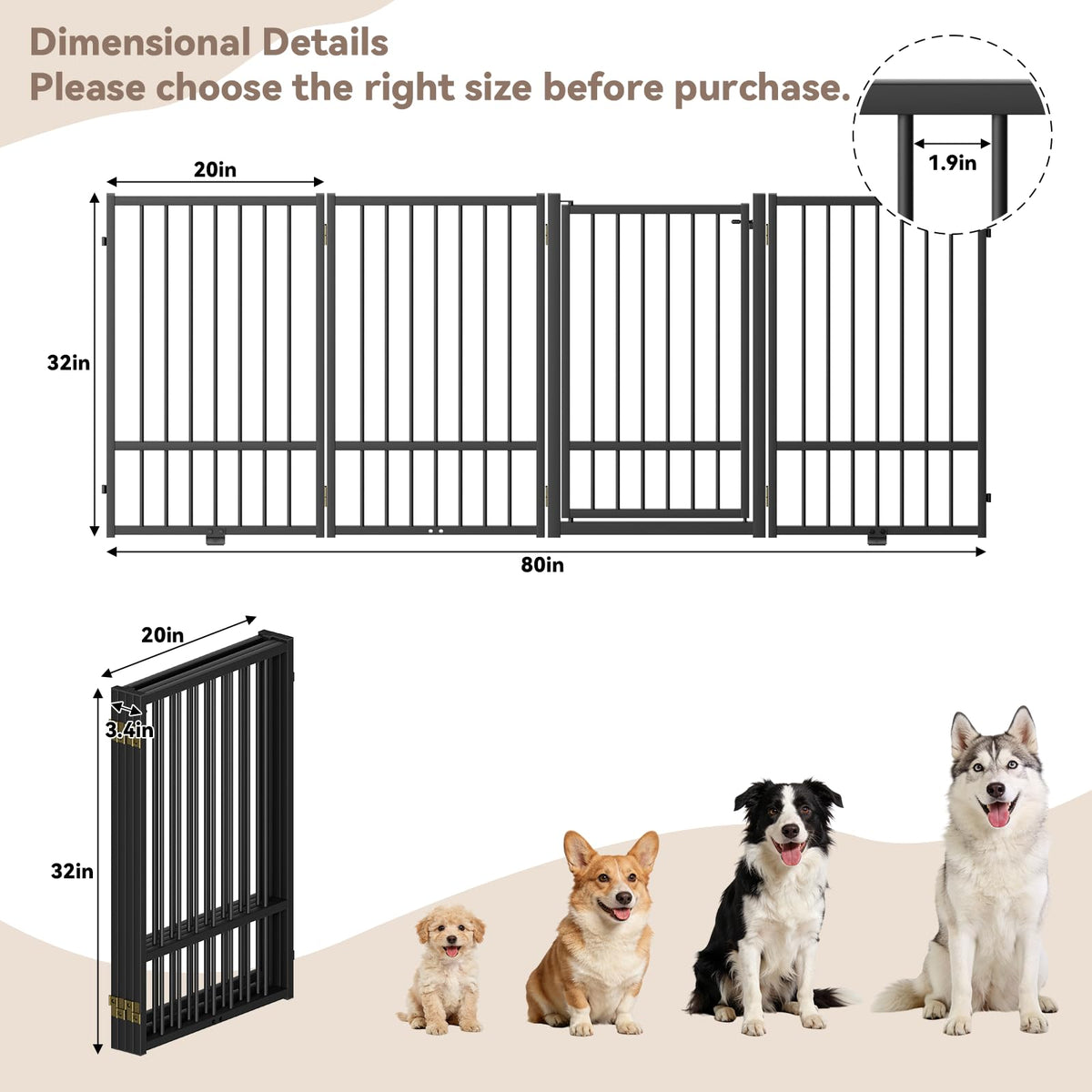 4-Panel Freestanding Heavy-Duty Steel Folding Pet & Dog Barrier Gate with Walk-Through Swing Door for Wide Indoor Openings, Hallways & Stairs