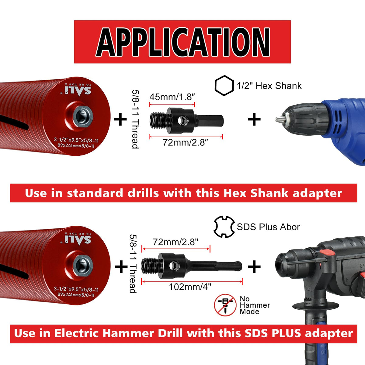 SALI Diamond Core Drill Bits 2" Diameter 10"/254mm Drilling Depth 5/8-11" Thread Core Bit Turbo Laser-Welded Segments for Cured Concrete with Brick Block Masonry with Two Adapters（Red）