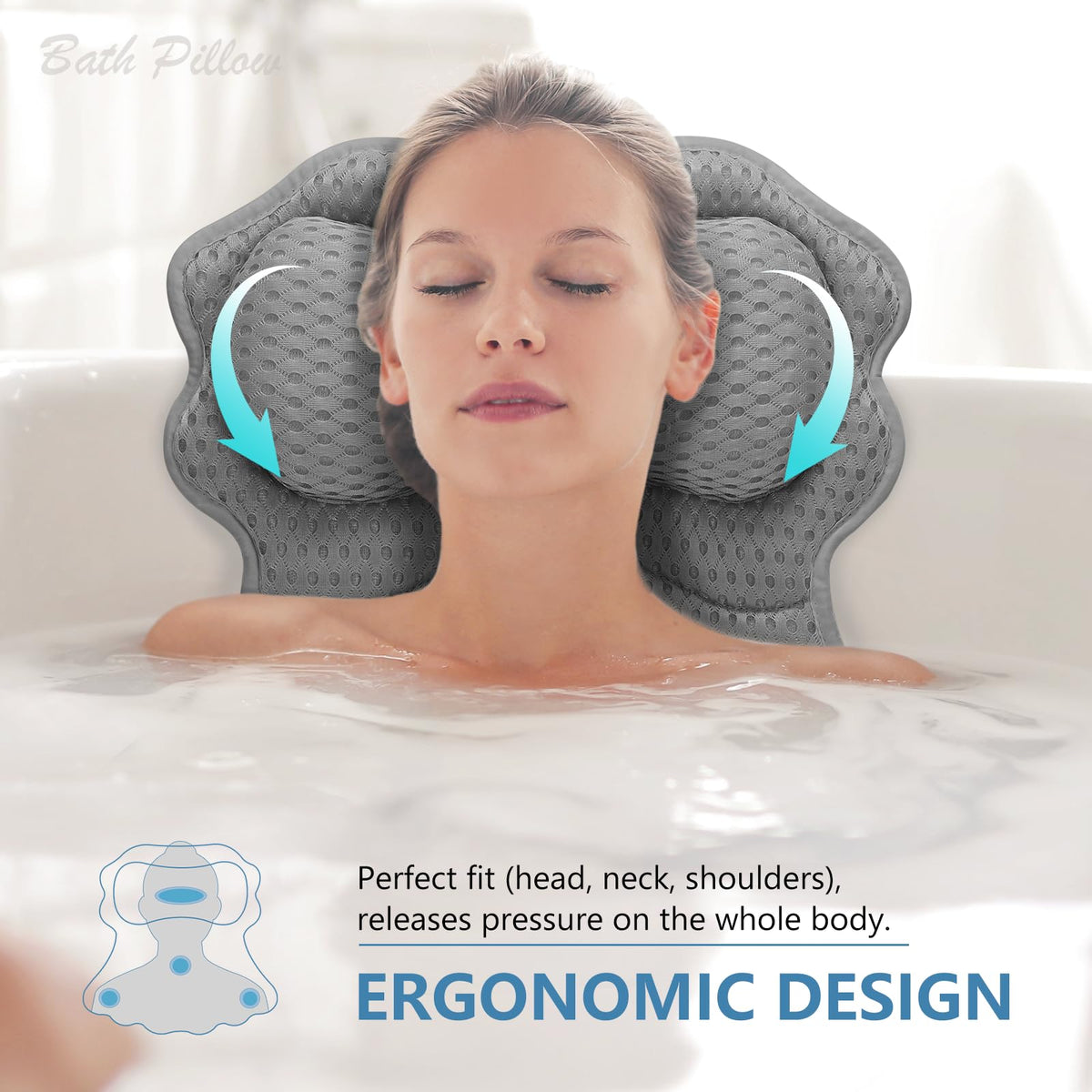 Bath Pillow, Bath Pillows for Tub Neck and Back Support, Grey