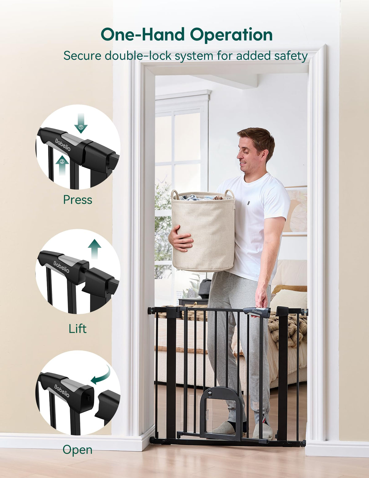 29-48" Extra-Wide Adjustable Hardware/Pressure-Mounted Pet & Child Safety Gate with Small Cat Door & Auto-Close Walk-Through Gate for Stairs, Hallways & Wide Doorways