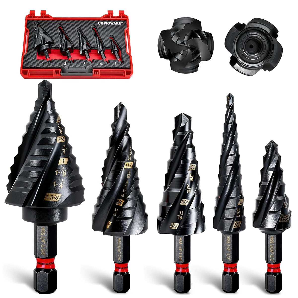 M2 Step Drill Bit Set, 1/8~1-3/8" 5Pcs 4 Spiral Flute AlTiN Coated Step Bit