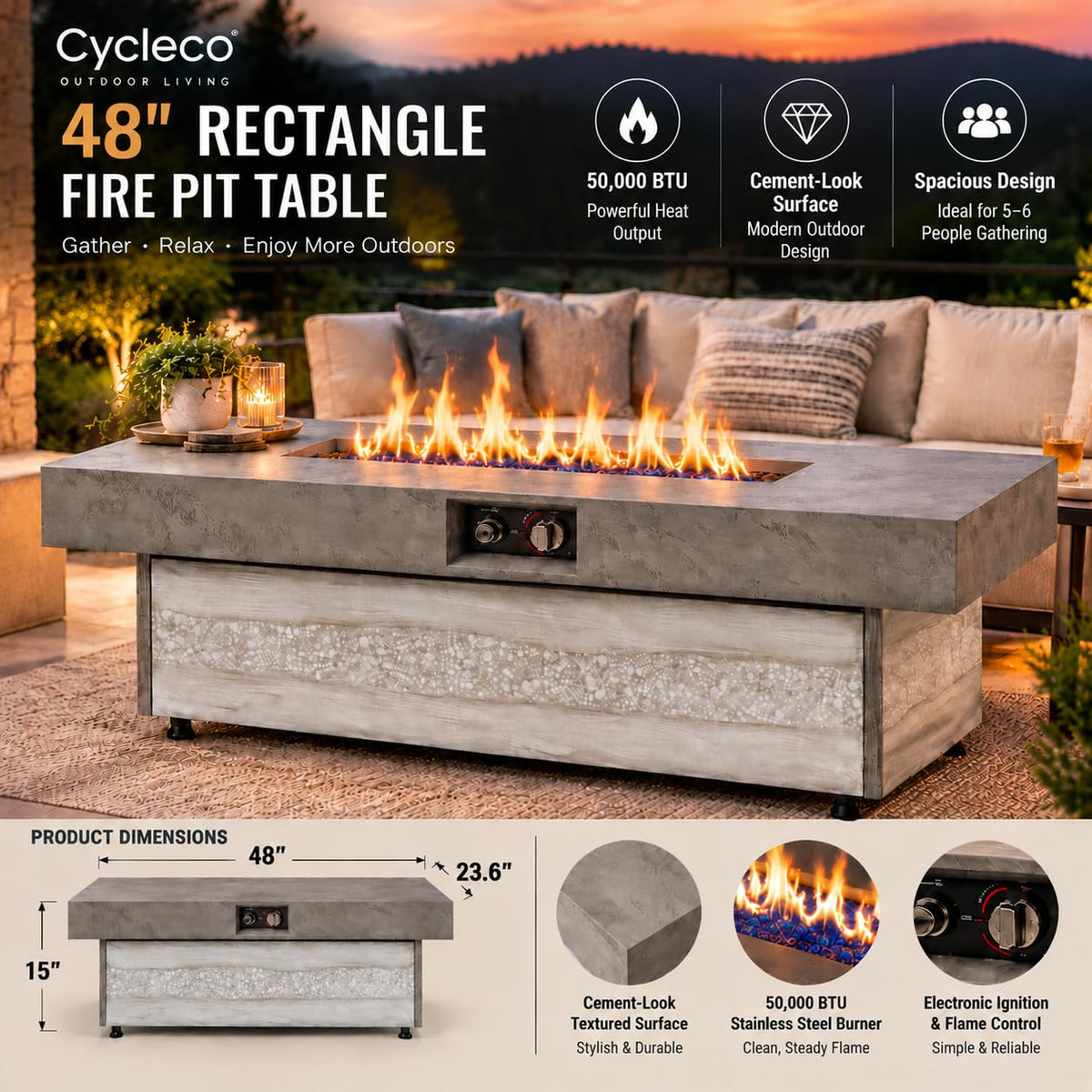 48 Inch Rectangular Outdoor Propane Gas Fire Pit Table, 50,000 BTU
