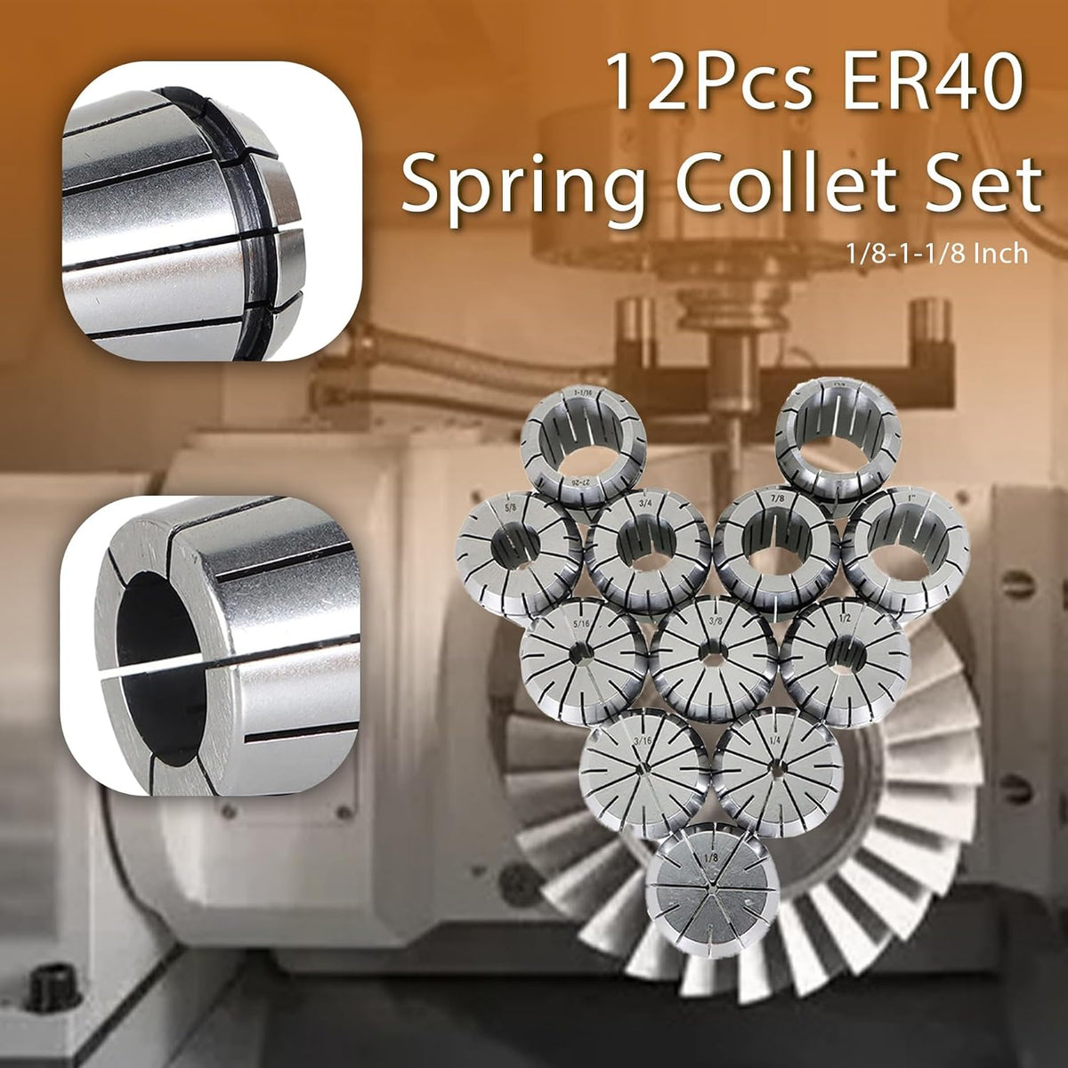 kimllier 12Pcs Carbon Steel ER40 Spring Collet Set 1/8-1-1/8 Inch