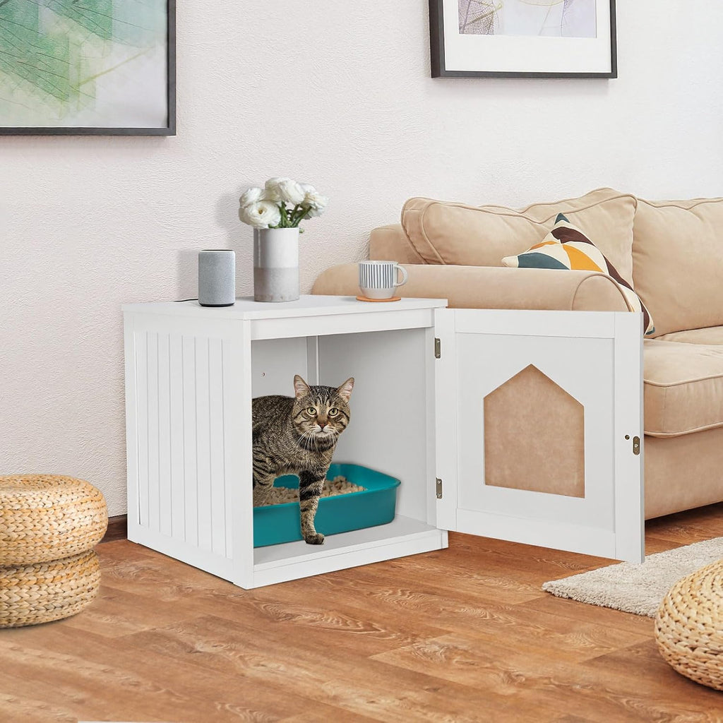 Cat House & Side Table, Pet Cat Litter Box Enclosure with Vent Holes, Wooden Enclosed Cat Washroom, White