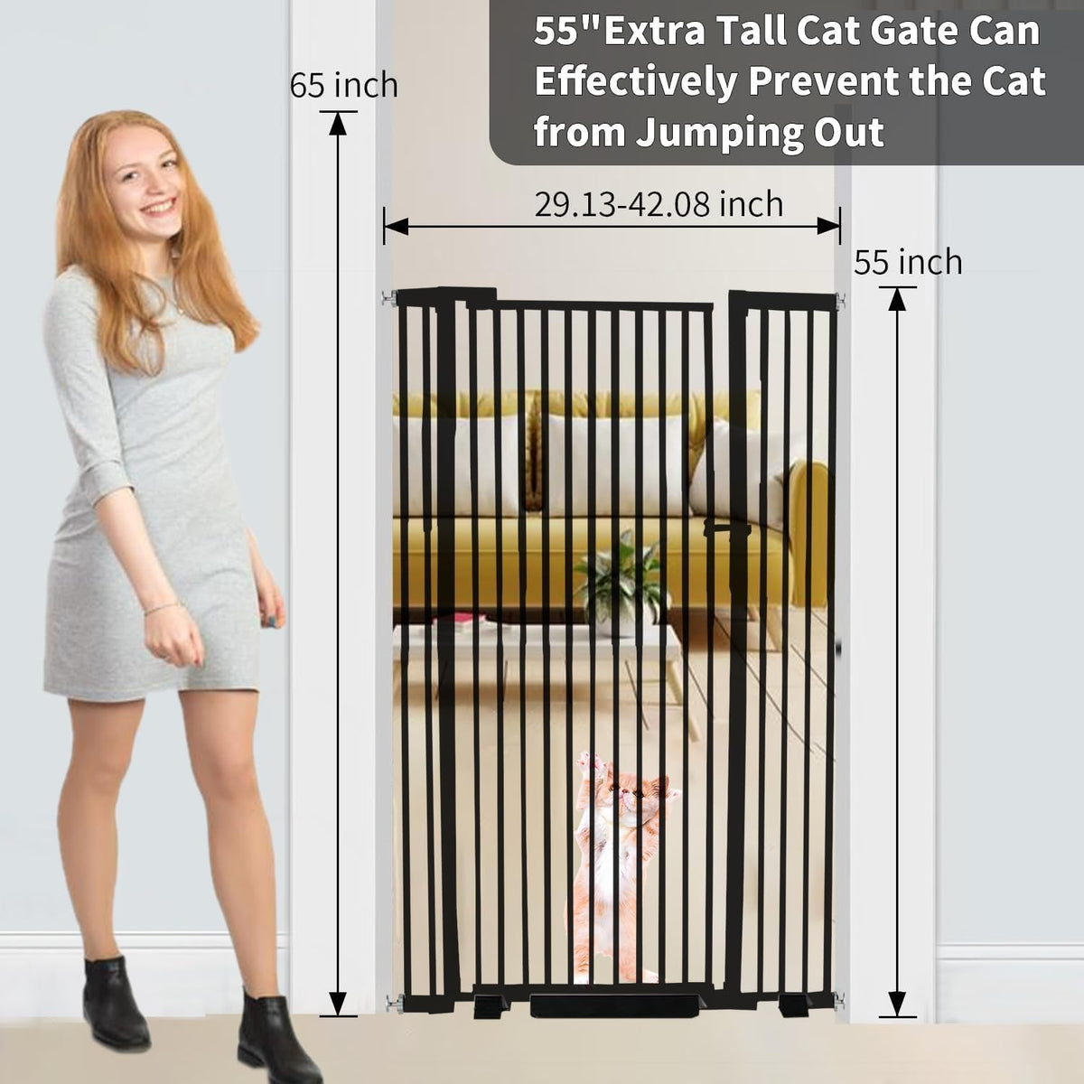55.1" x 29.92-43" Extra-Tall Adjustable Hardware/Pressure-Mounted Pet & Child Safety Gate with Dual-Lock Walk-Through Swing Door for Stairs, Hallways & Wide Doorways — Black