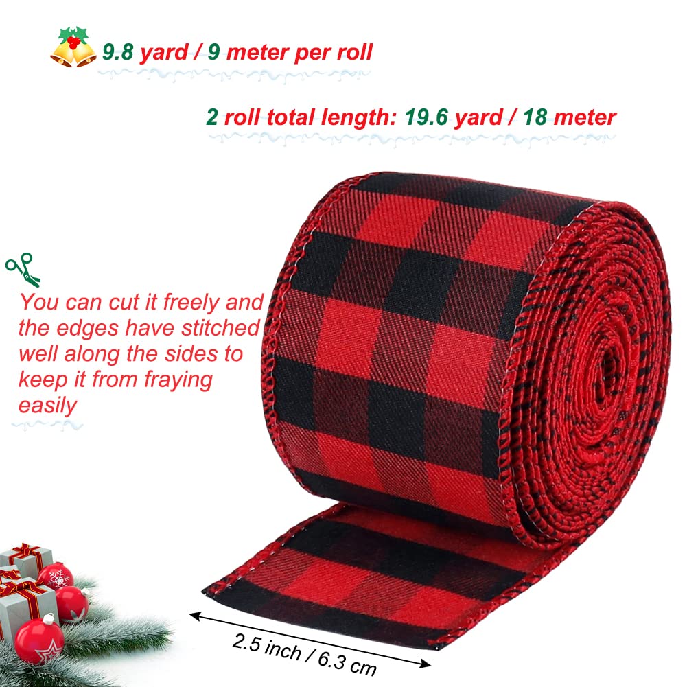 19.6 Yard 2.5 inch Wide Buffalo Plaid Ribbons Wired Edges, 2 Rolls Red and Black Checkered Ribbon for Christmas Tree