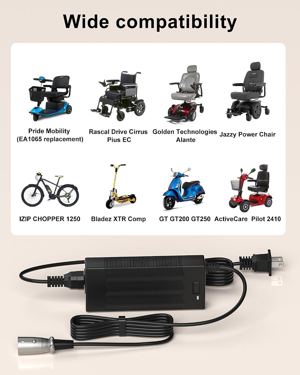 24V 5A 3-Pin Male XLR Connector Battery Charger Compatible with Jazzy Power Chair,Pride Mobility Scooter,Lakematic,Drive Medical,Golden Technologies,Shoprider,Rascal 200T/500T/301 Charger Power Cord