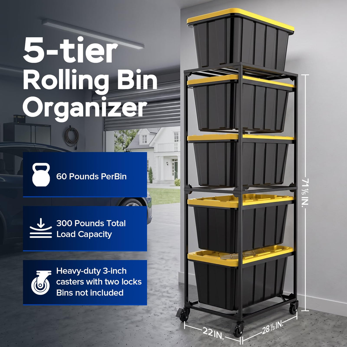 27 Gallon Tote Storage Rack,Storage Bin Rack with Wheels,300lb