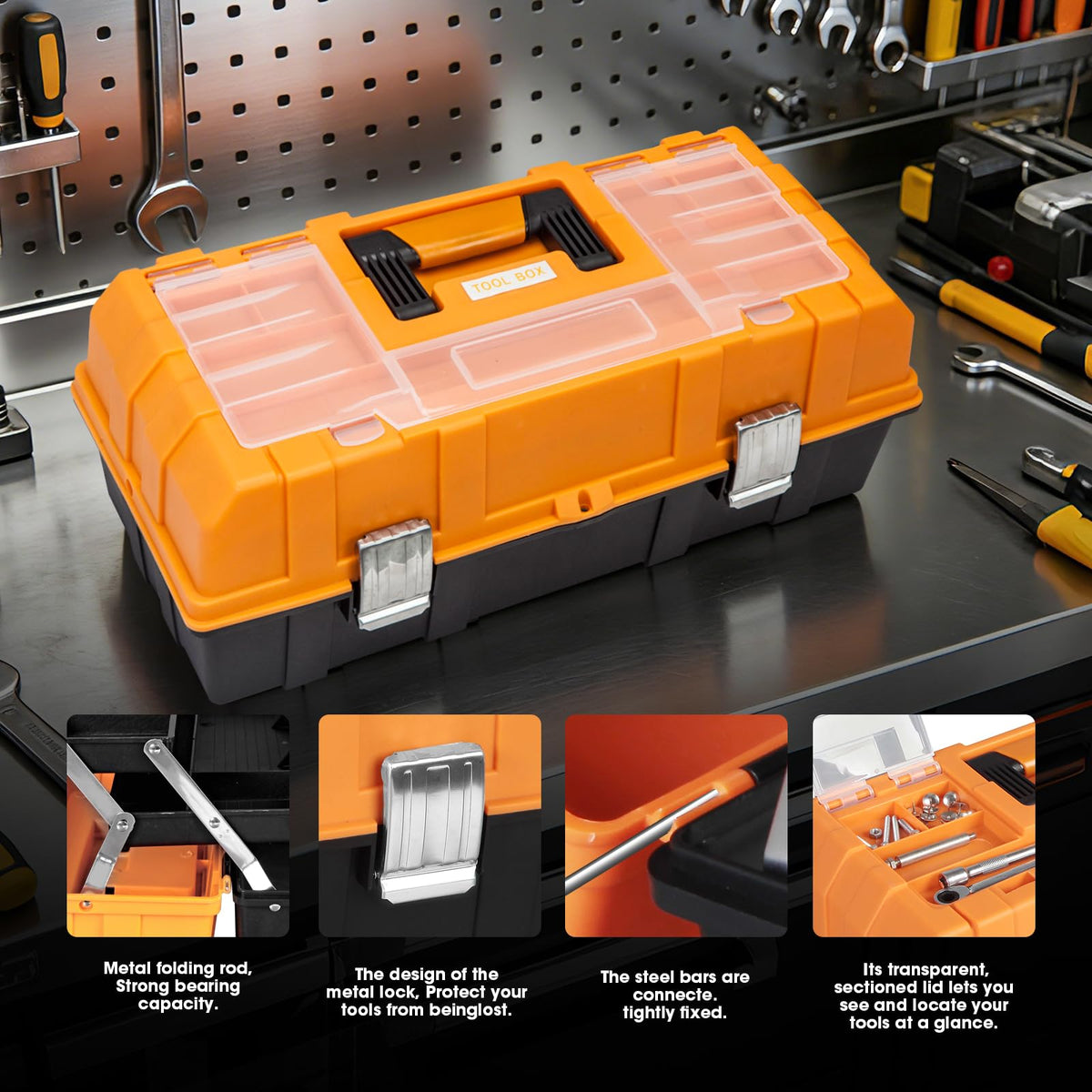 17-Inch Plastic Tool Box,3-Tiers Multi-Function Storage Portable Toolbox Organizer, Black/Orange ATRJH-3430T