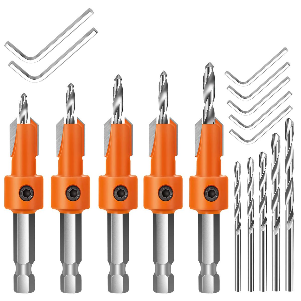 Lytool 5Pcs Countersink Drill Bit Set for Wood, 1/4" Hex Shank Tapered Bits