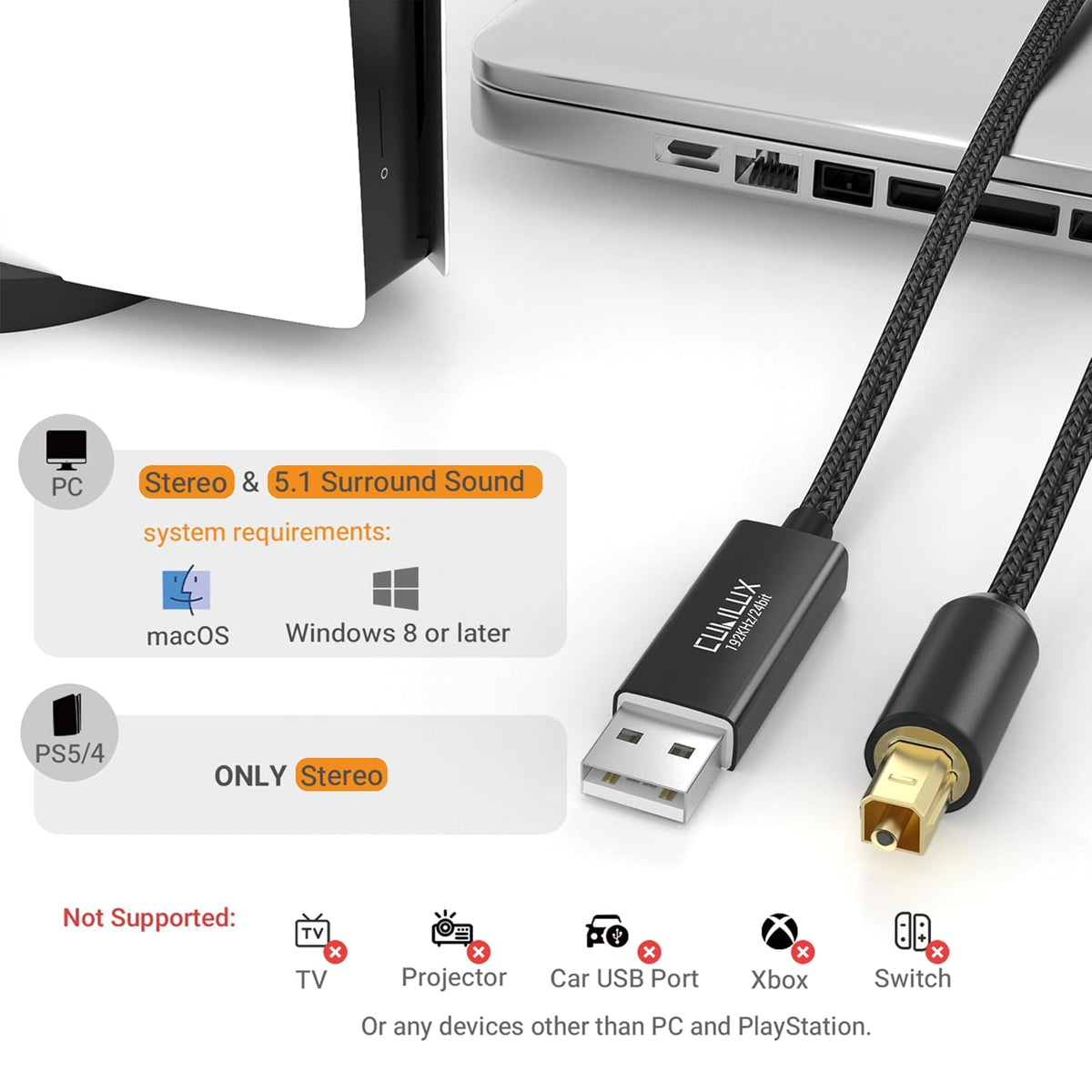 USB A to TOSLINK Optical Audio Cable, Unidirectional USB Type A to SPDIF Digital Aux Cord, S/PDIF Transmitter for