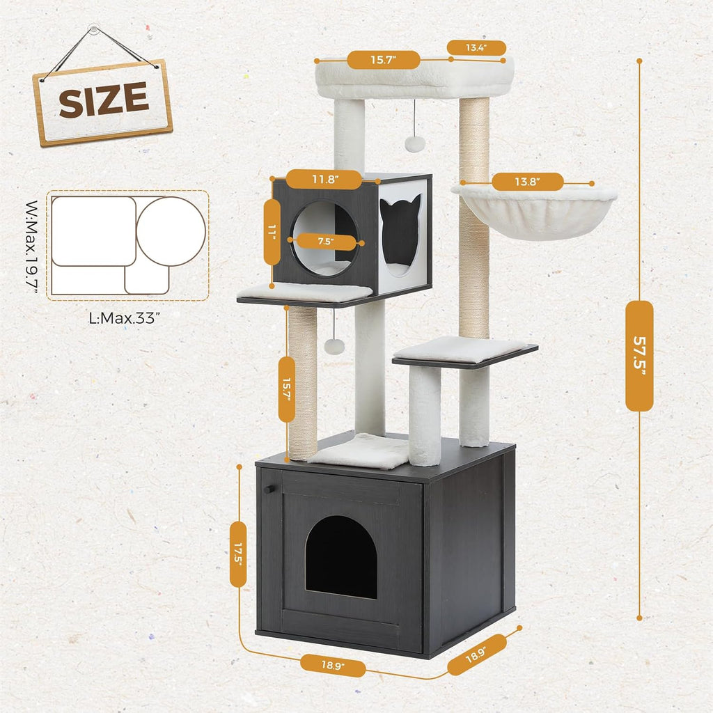 57.5" Cat Tree with Litter Box Enclosure for Large Indoor Cats