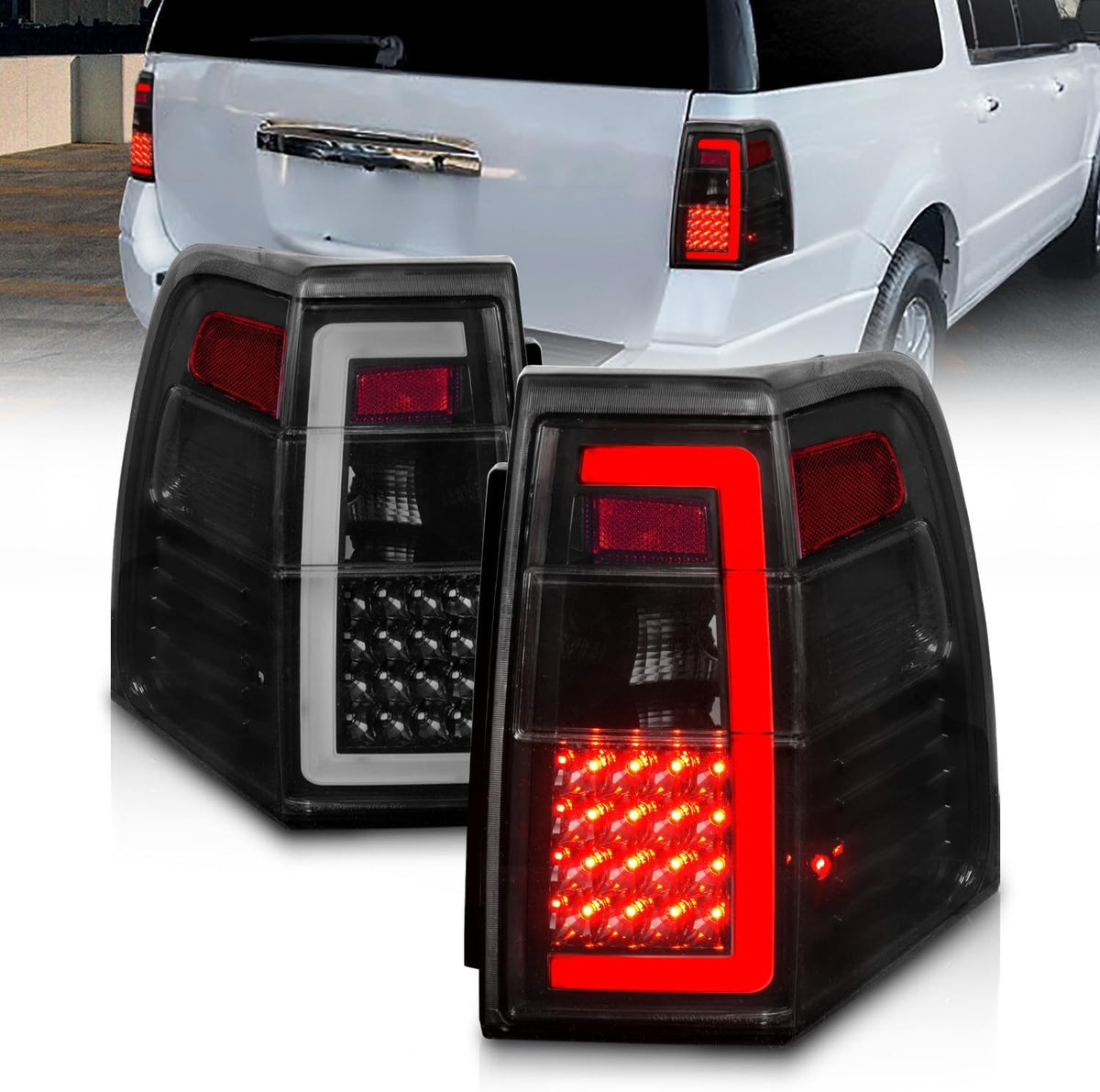 AmeriLite for 2007-2017 Ford Expedition [Full LED] C-Type Tube Sequential Siganl Smoke Black Replacement Tail Lights Set - Passenger and Driver Side