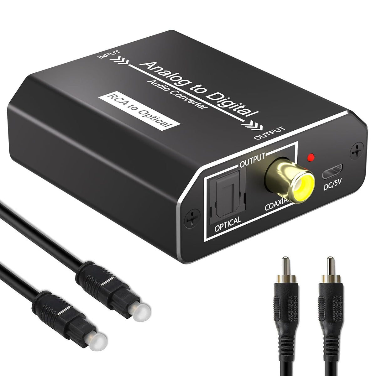 Analog to Digital Audio Converter, RCA to Optical Converter, RCA/3.5MM to Toslink and Coaxial Adapter, 48kHz/24bit
