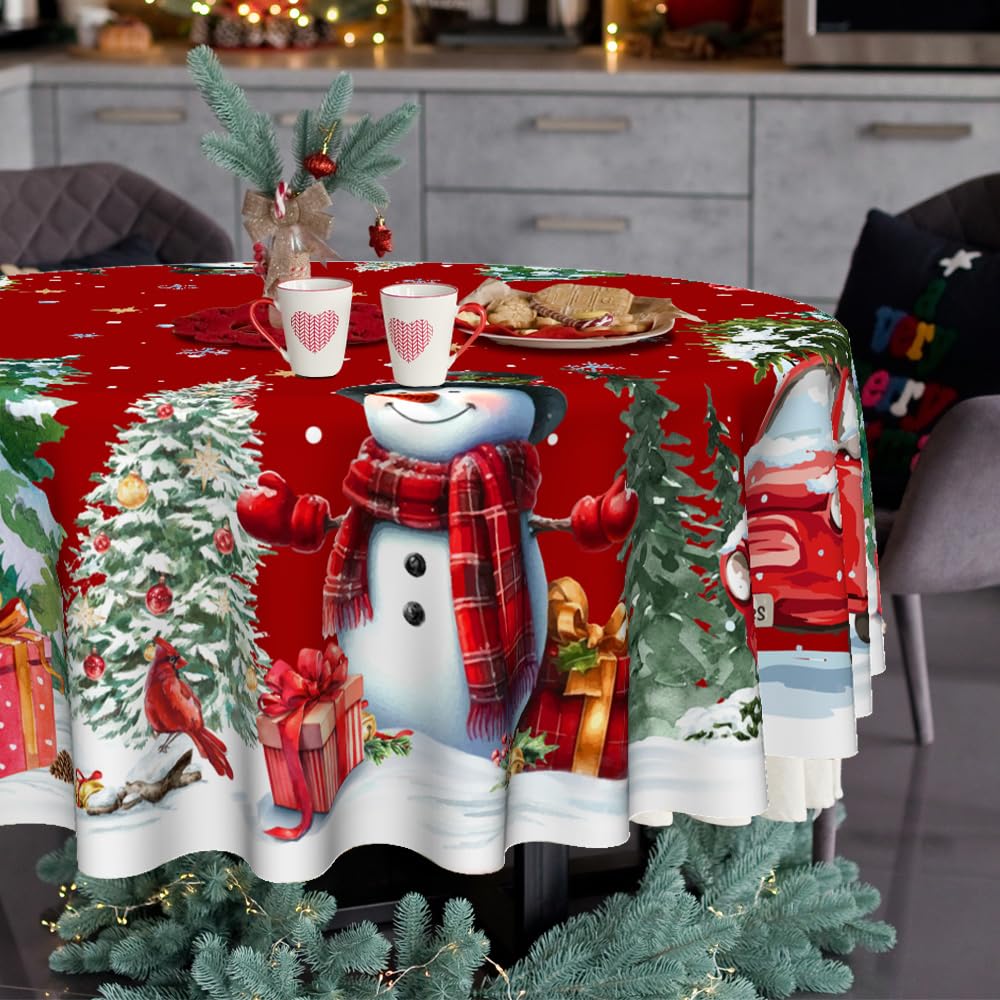 Christmas Round Tablecloth 60 Inch, Christmas Decorations for Home Snowmen Red Table Cloth for Round Festival, Xmas