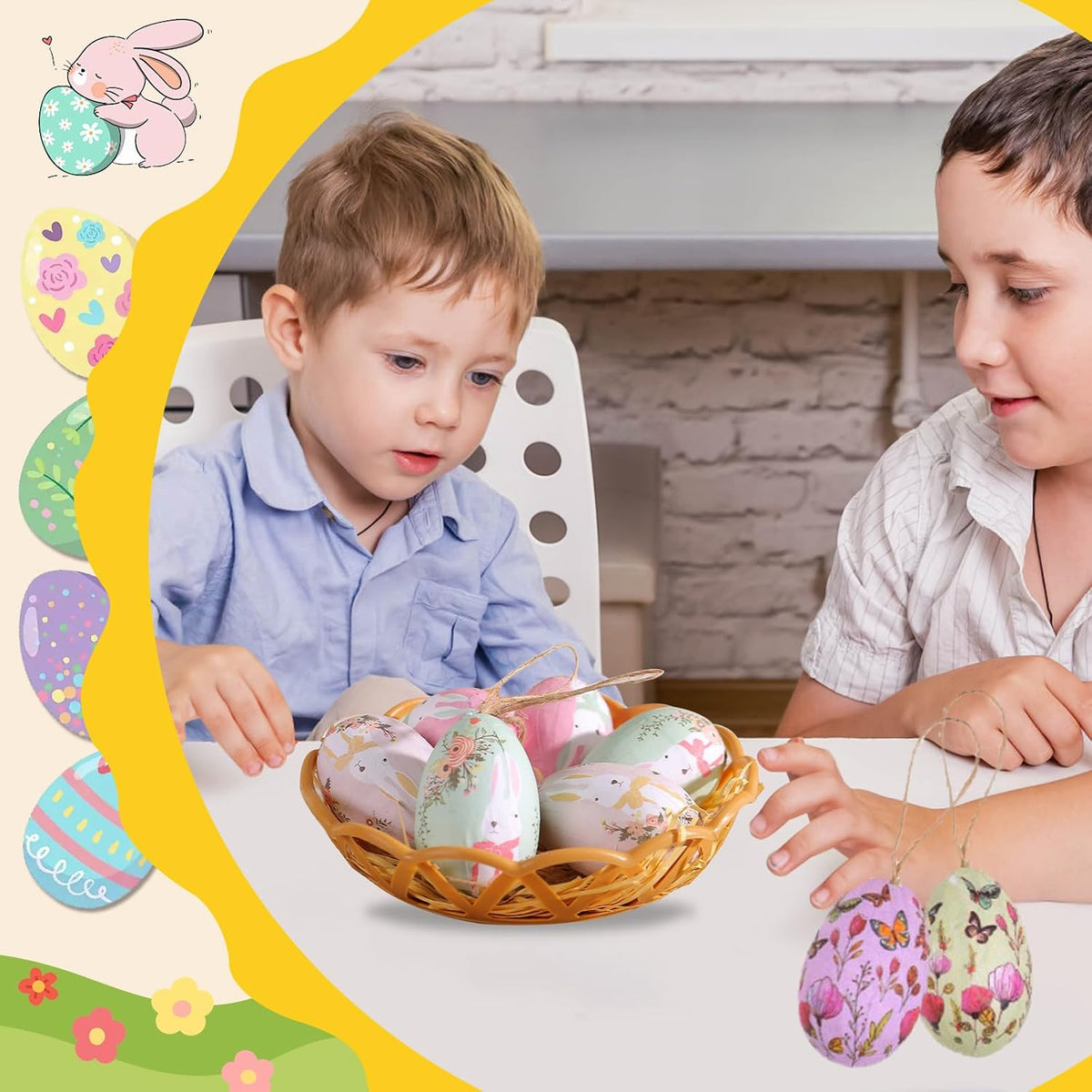 12Pcs Vintage Easter Eggs with Basket Base, Easter Decorations, Spring Ornaments, Pastel Spring Decorative Eggs for