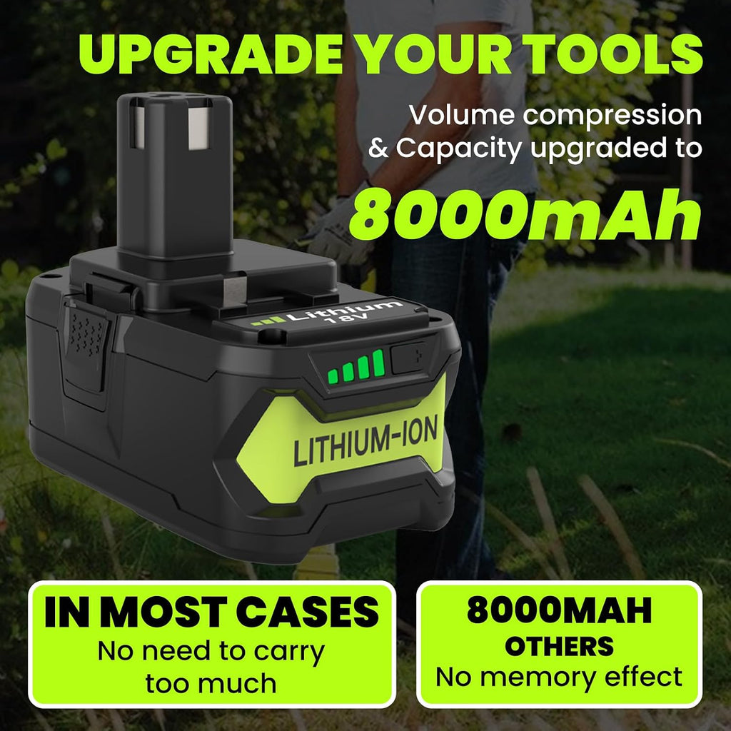 2 Pack 8.0Ah P108 Replacement for Ryobi 18 Volt Battery and P117 Charger