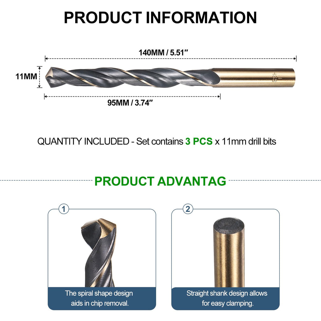 METALLIXITY Drill Bit (11mm) 4341 High-Speed Steel Black & Gold 3pcs