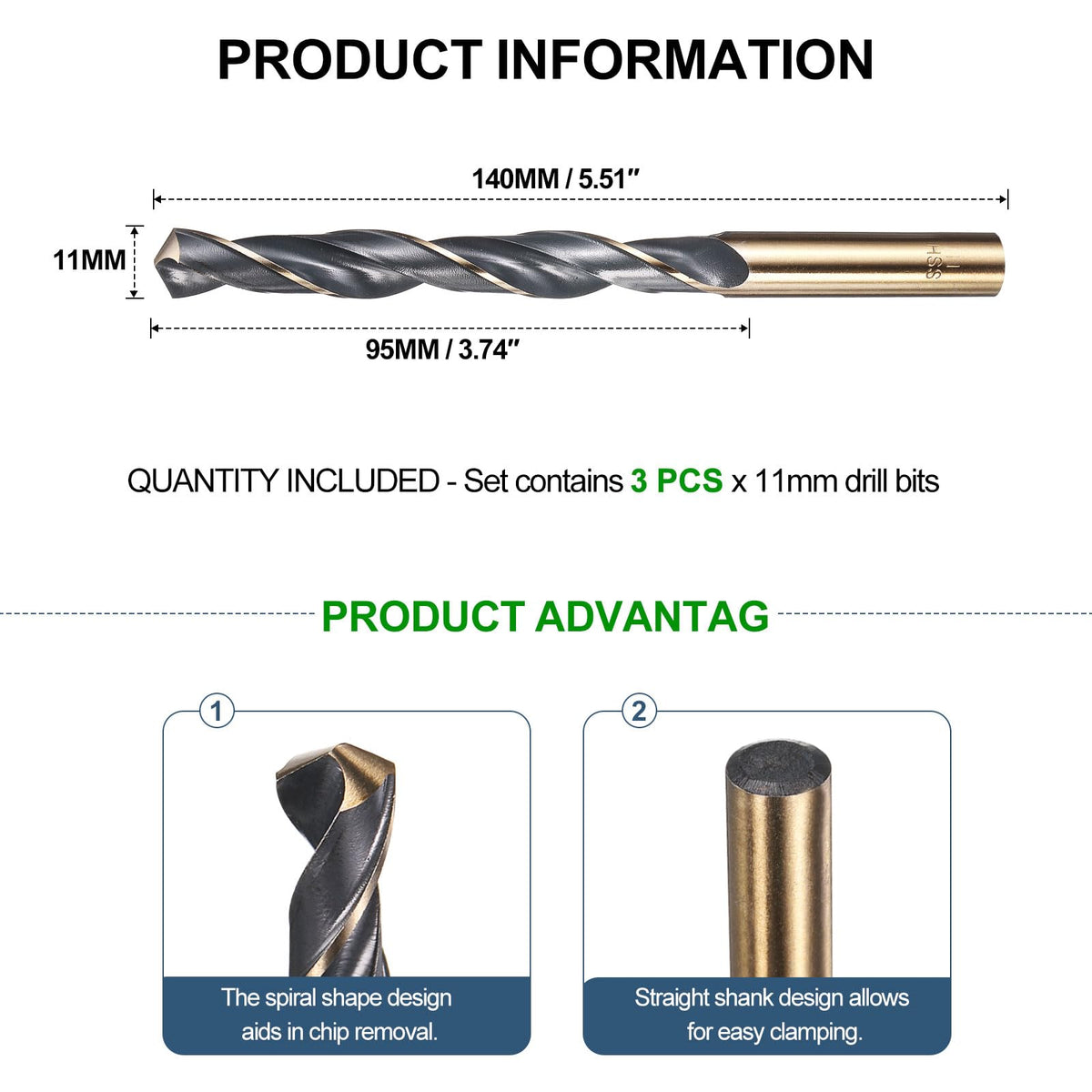 METALLIXITY Drill Bit (11mm) 4341 High-Speed Steel Black & Gold 3pcs