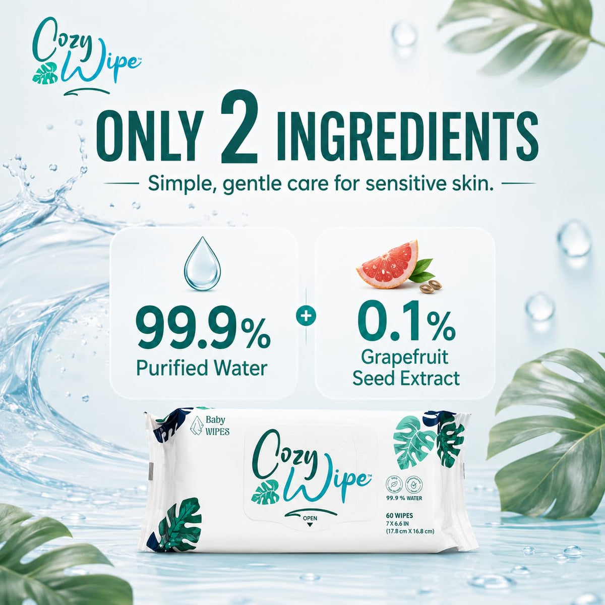 Baby Wipes, 99.9% Water Based Unscented Diaper Wipes for Sensitive Newborn Skin, Plant-Based, Plastic-Free, 9 Packs