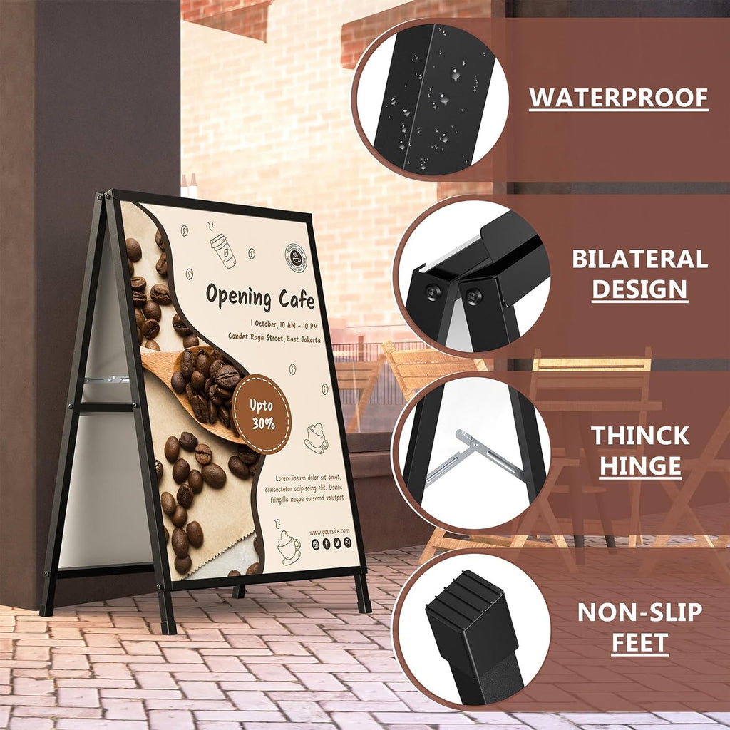 A Frame Sign 24x36 Inch Sandwich Board, Heavy Duty Double-Sided Folding Sidewalk Signboard, Slide-in Steel Metal