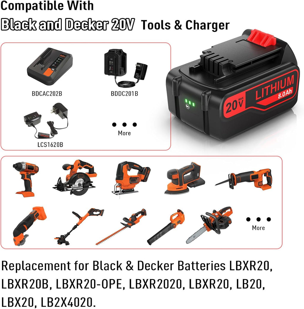 BATTOOL Upgraded 8000mAh 20V LBXR20 Replacement Battery for Black and Decker 20V Lithium Battery LB20 LBX20 LBXR2020-OPE LBXR20B-2 LBX4020