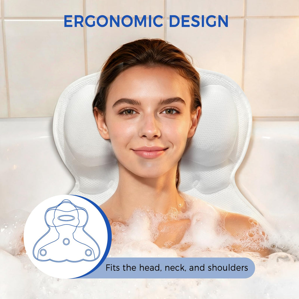 Bathtub Pillow, Relaxing Ergonomic Bath Pillows for Tub with 6 Strong Suction Cups, Bath Pillow for Neck and Back