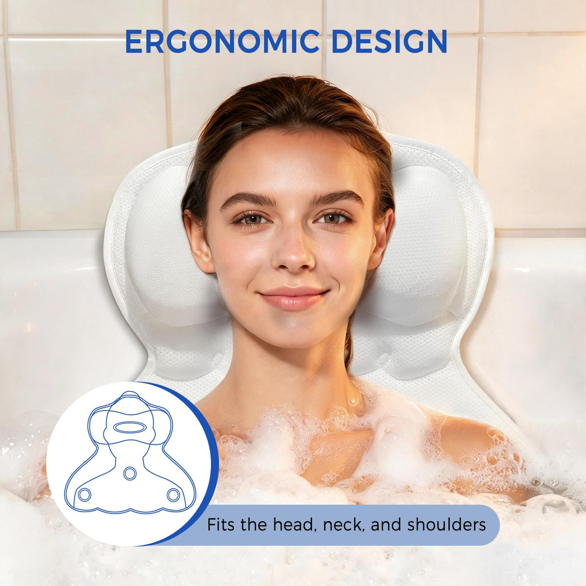 Bathtub Pillow, Relaxing Ergonomic Bath Pillows for Tub with 6 Strong Suction Cups, Bath Pillow for Neck and Back