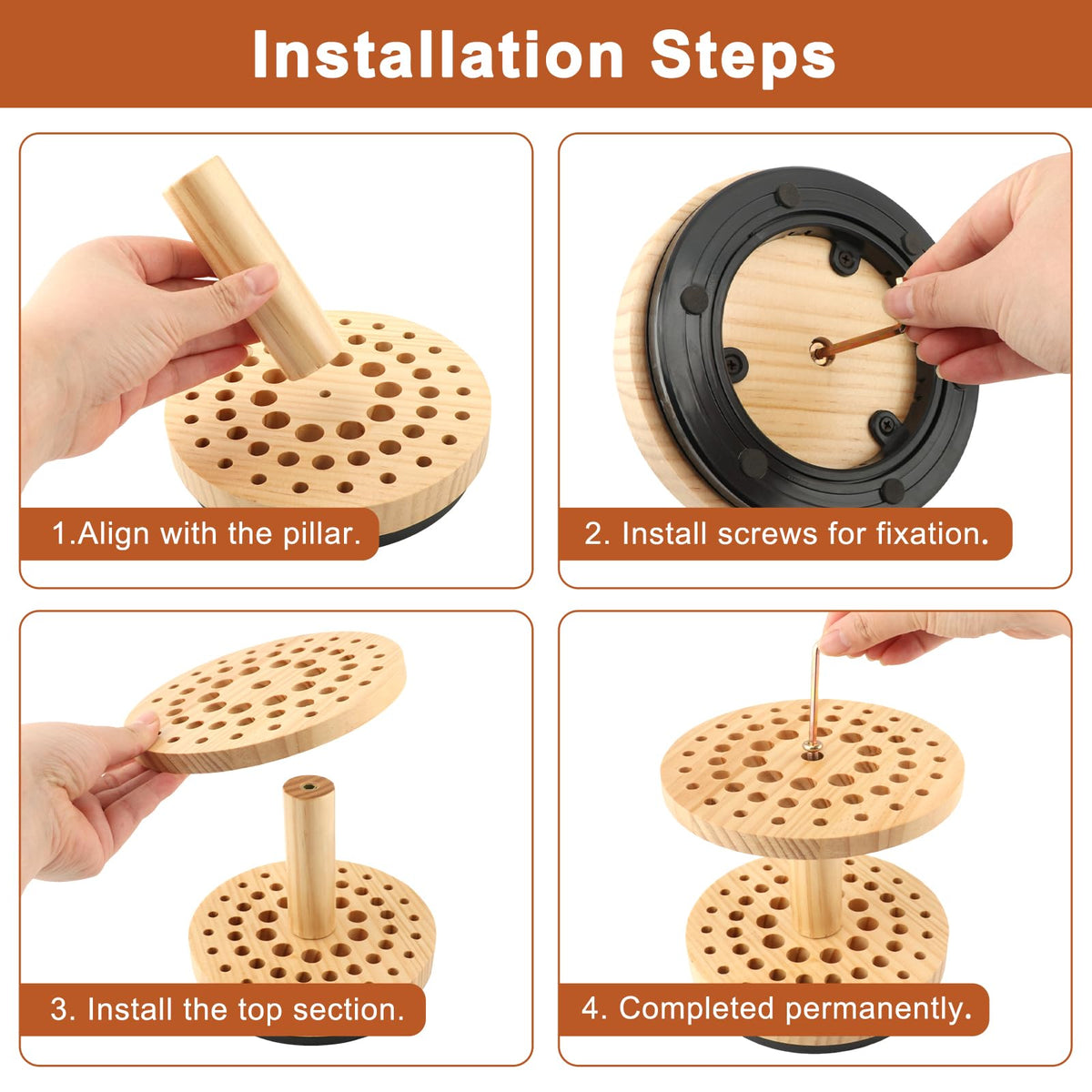 360° Rotating Brush Rack – 52-Hole Hardwood Stand for Crafts/Art/Makeup