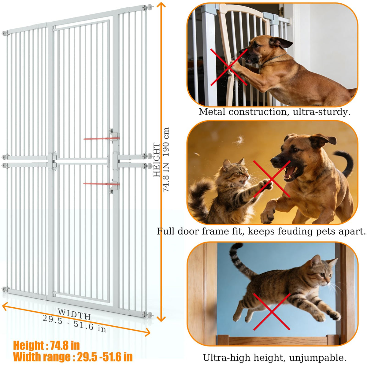 74.8" x 29.5-51.6" Extra-Tall Full-Height Anti-Jump Cat & Pet Safety Gate with Narrow Bar Spacing & Double-Lock Walk-Through Door for Doorways & Stairs — White