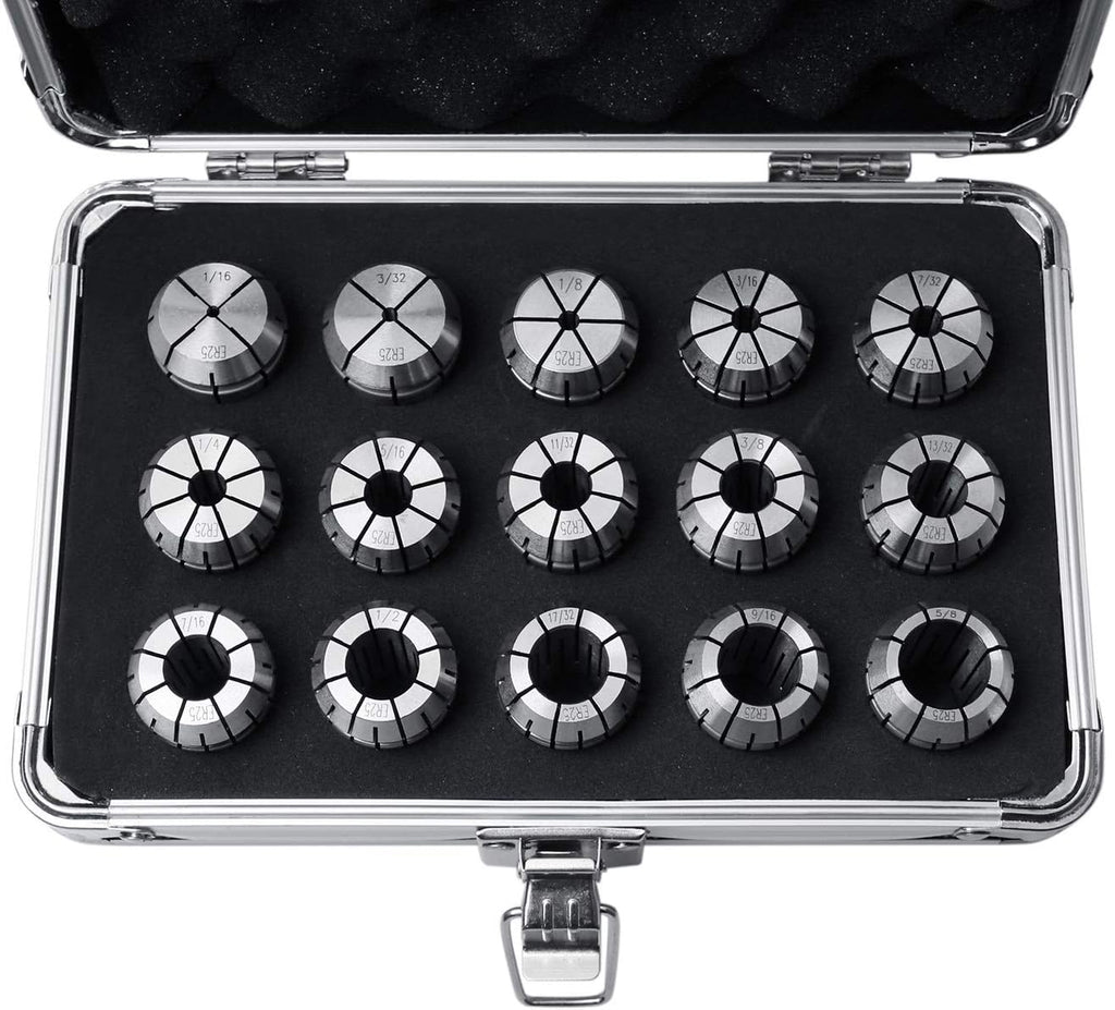 Accusize Industrial Tools 15 Pcs Er25 Collets Set, Size from 1/16'' to 5/8'' in Fitted Strong Aluminum Box, 0223-0835