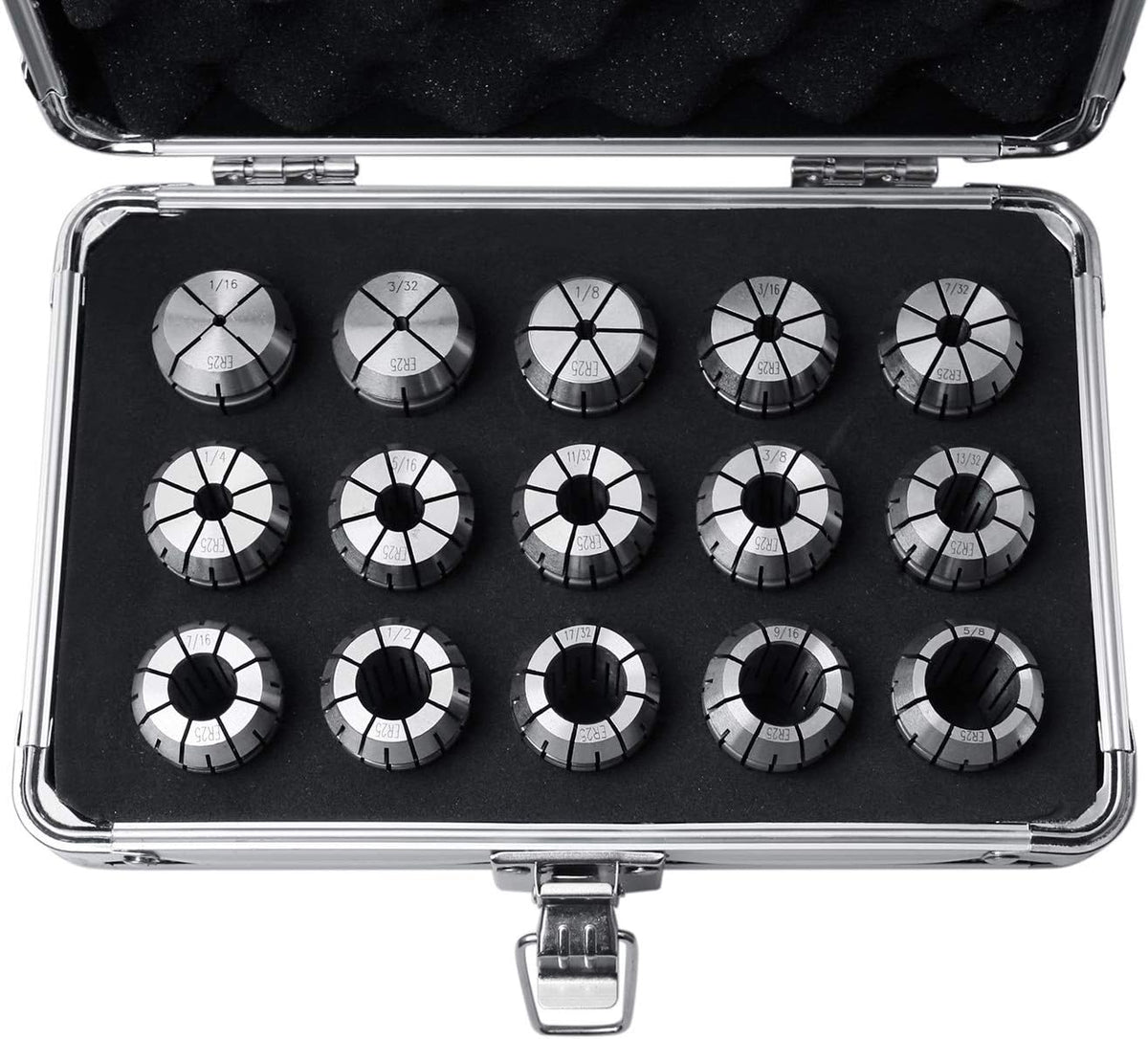 Accusize Industrial Tools 15 Pcs Er25 Collets Set, Size from 1/16'' to 5/8'' in Fitted Strong Aluminum Box, 0223-0835