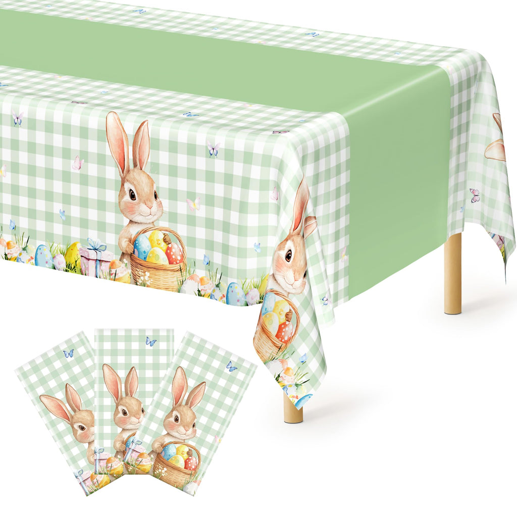 3 Pack Easter Tablecloths, 54" x 108" Disposable Easter Decorations, Sage Green Bunny Plaid Spring Tablecloth
