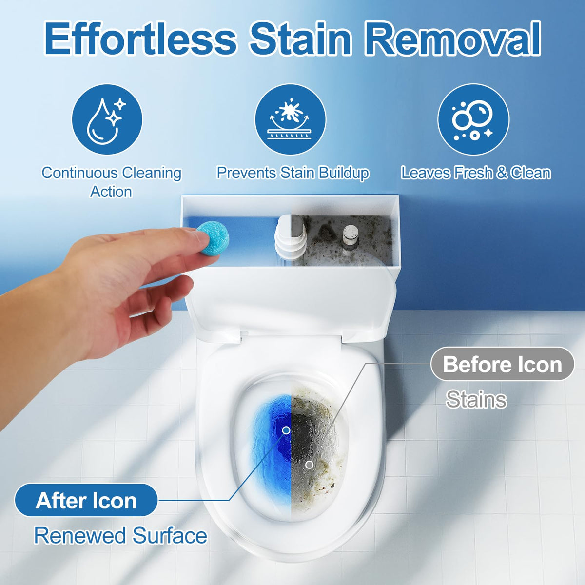 Automatic Toilet Bowl Cleaner Tablets, Blue, Septic Safe Hard Water Stain and Odor Remover, Effervescent Stain & Odor