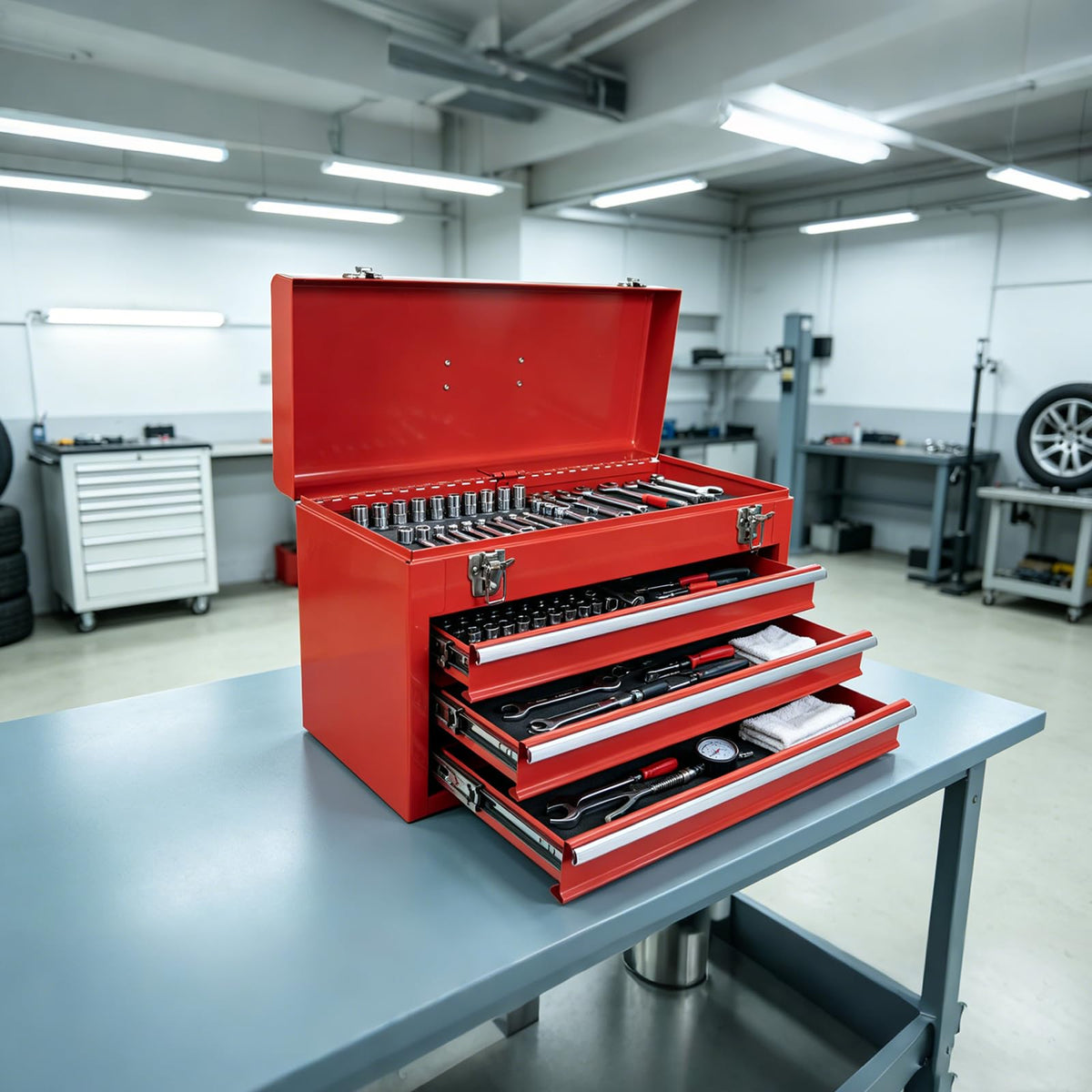 Portable Metal Tool Box with 3 Drawers, 20.5-Inch Steel Tool Chest with Top Storage, Ball Bearing Slides, Dual Latch