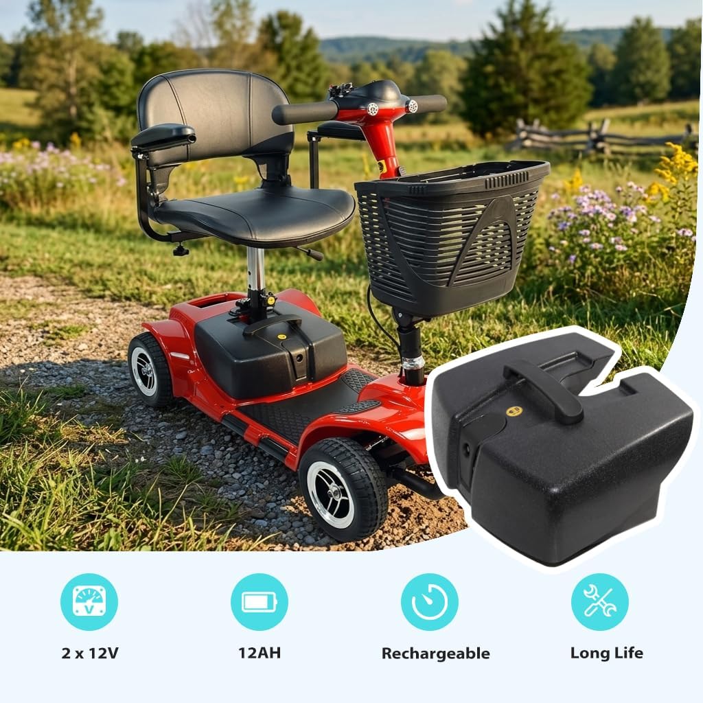 Original 24V Battery Case w/ 2pcs 12AH Lead Acid Batteries Compatible with Vive/Elifecenter W3431 MS31 Series Mobility Scooters
