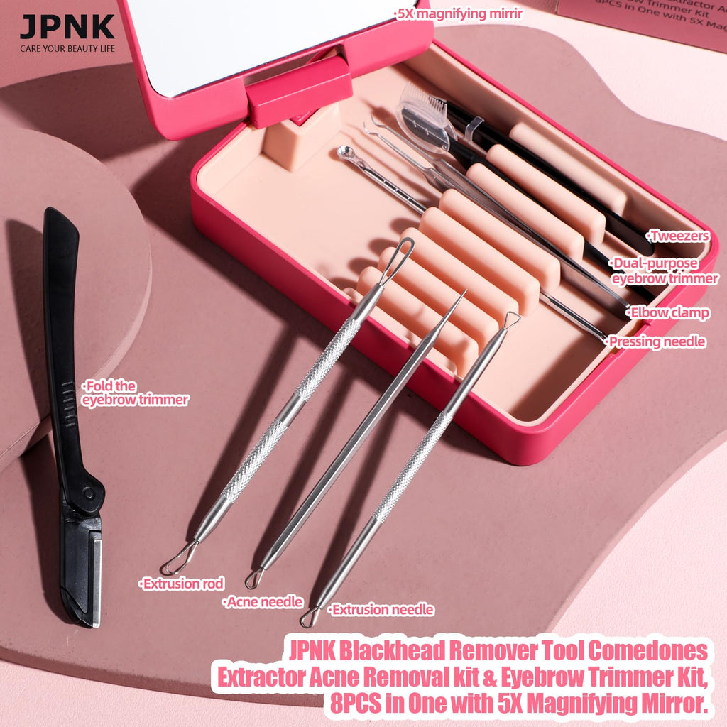 Blackhead Remover Tool Comedones Extractor Acne Removal kit & Eyebrow Trimmer Kit, 8PCS in One with 5X Magnifying