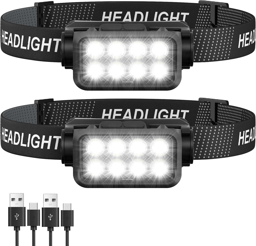 Rechargeable Headlamp Flashlight 2-Pack, 8 LED 2500 Lumen Ultra-Light Bright Headlight with Motion Sensor, Waterproof