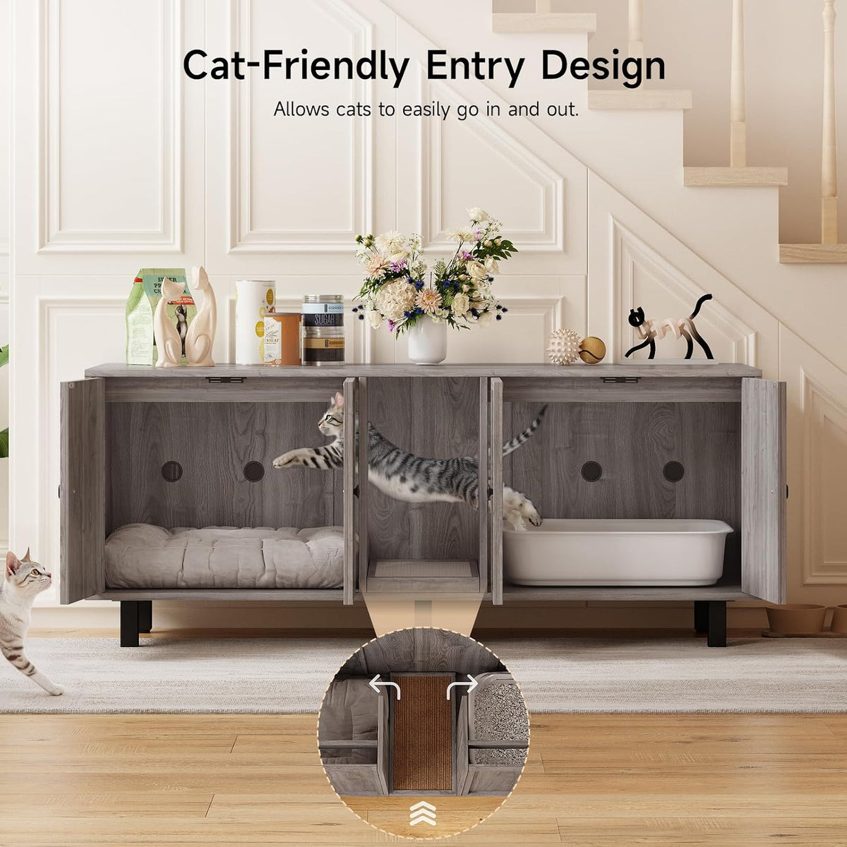 59 Inches Cat Litter Box Enclosure for 2 Cats, Grey