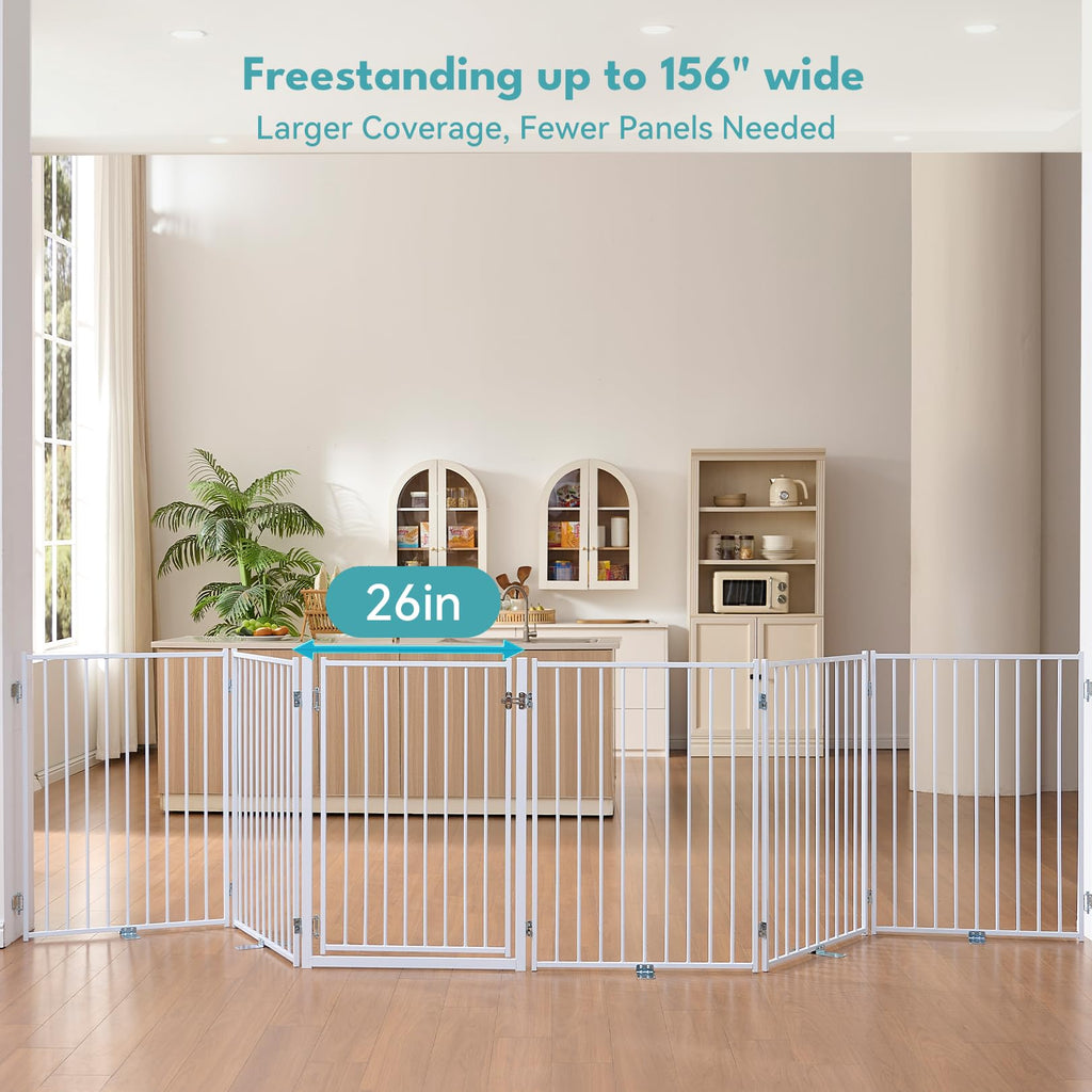 Freestanding Heavy-Duty Steel Folding Pet & Dog Barrier Gate with Walk-Through Swing Door for Wide Indoor Openings, Hallways & Stairs