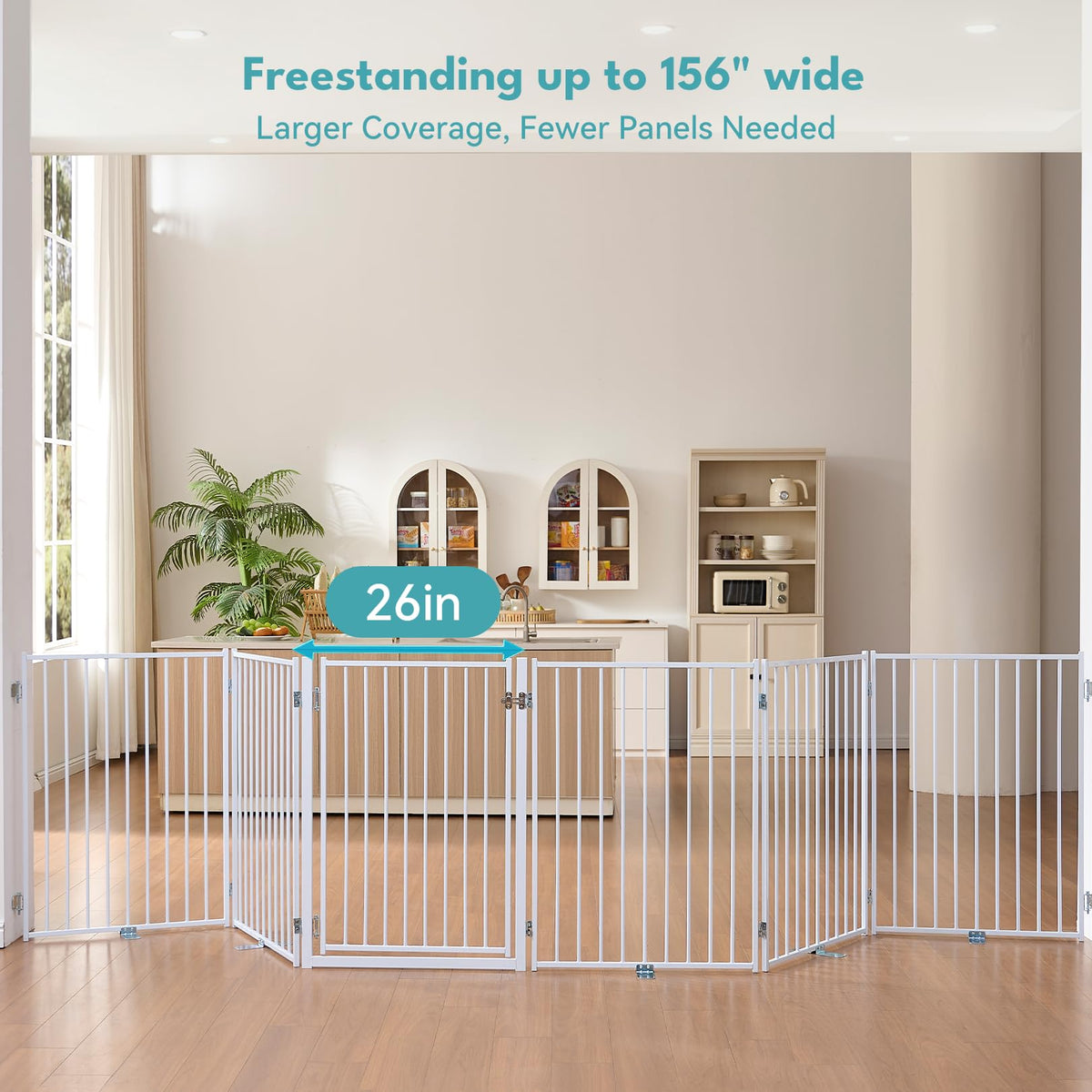 Freestanding Heavy-Duty Steel Folding Pet & Dog Barrier Gate with Walk-Through Swing Door for Wide Indoor Openings, Hallways & Stairs