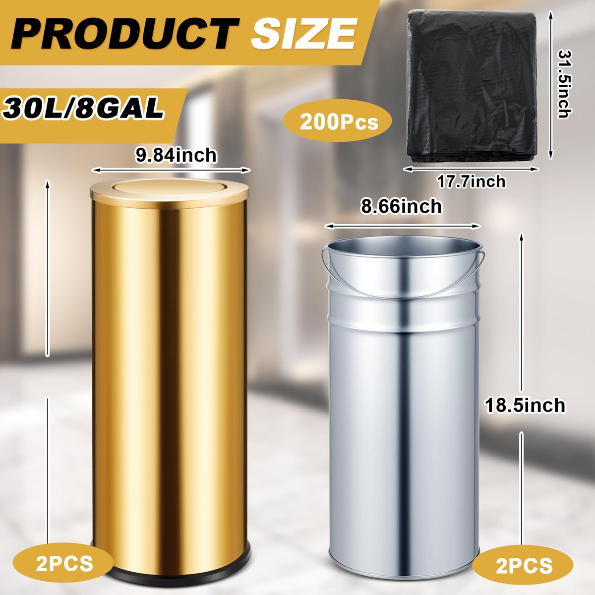 2 Pcs 30l/8gal Gold Flip Trash Can 200 Bags, Kitchen Garbage Bin