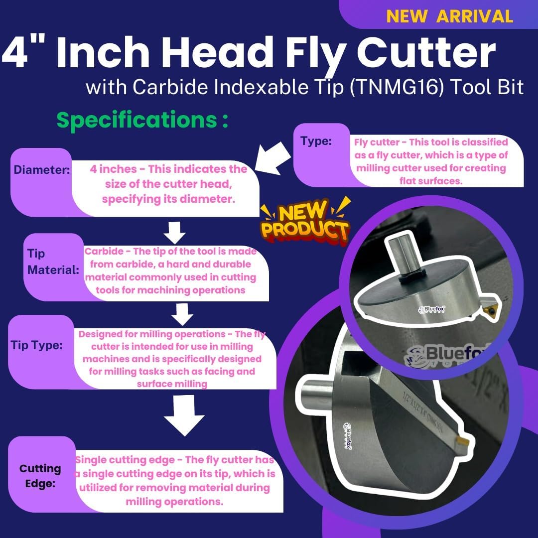 BlueFox Large Head 4" (100 mm) Diameter Fly Cutter with Carbide Indexable Tip Facing Tool – 3/4" (19 mm) Straight Shank, High-Speed Metalworking Tool for Milling Machines, Smooth Finish