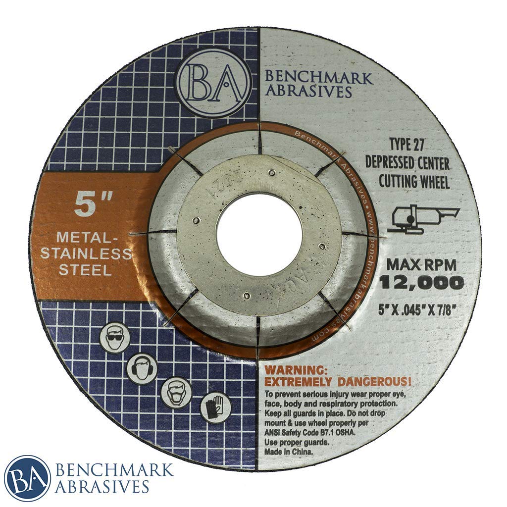 Benchmark Abrasives 5 Inch Cut Off Wheels for Metal, Steel, Fiberglass - Thin Type 27 Depressed Center Angle Grinder Cutting Disc with 7/8" Arbor Hole, Grinder Cutting Wheel - 25 Pack