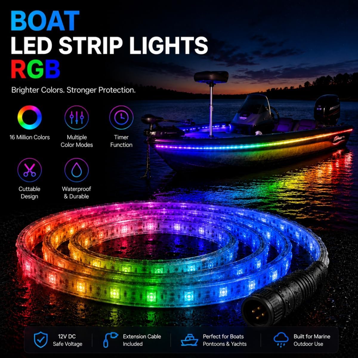 100FT LED Boat Lights, 12V RGB Marine Pontoon Led Strip Lights with APP & Remote, IP67 Waterproof Boat Interior Exterior Light with Extension Cable for Pontoon, Night Fishing, Gunnel, Deck, RV
