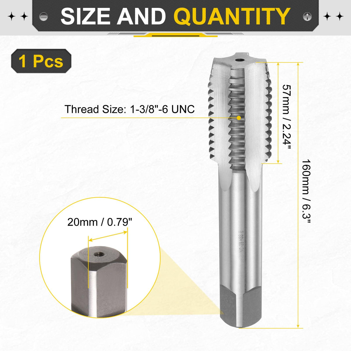 uxcell Hand Plug Tap 1-3/8"-6 UNC 2B Left Hand Thread Plug Style Taps Straight Flute Screw Tapping Threading Tool High Speed Steel HSS6542