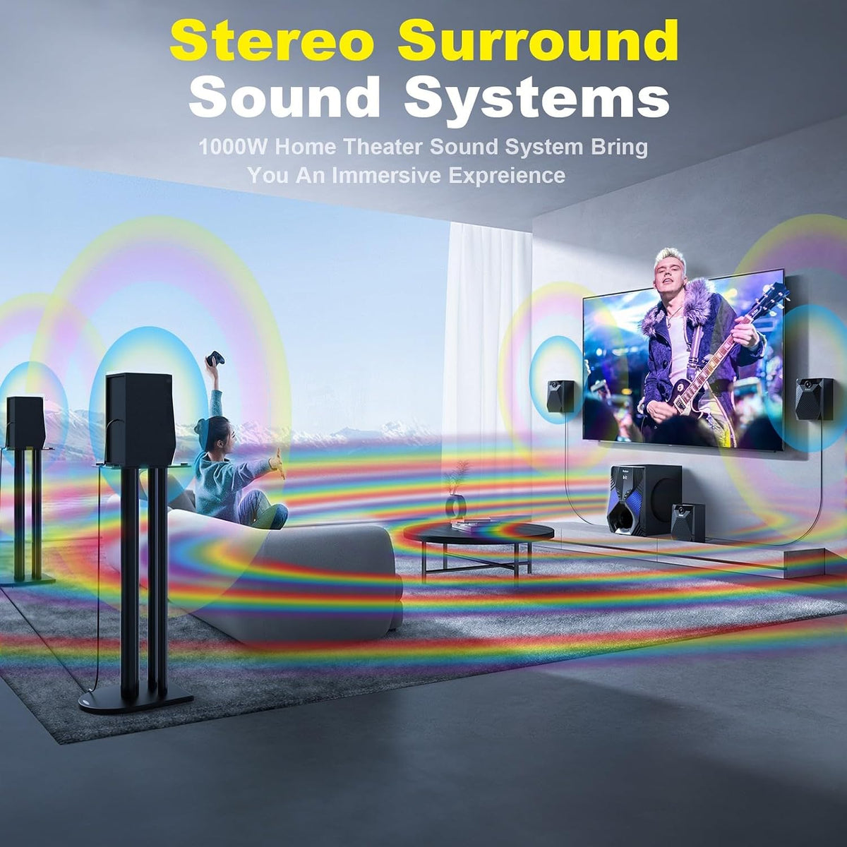 Home Theater System, 1000 Watts Peak Power Surround Sound Systems | 5 Wired Satellite Audio Speakers 8" Subwoofer