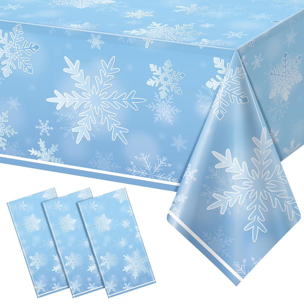 3 Pack Winter Snowflake Plastic Tablecloth Decorations, Light Blue Snowflake Winter Wonderland Disposable Table Cover