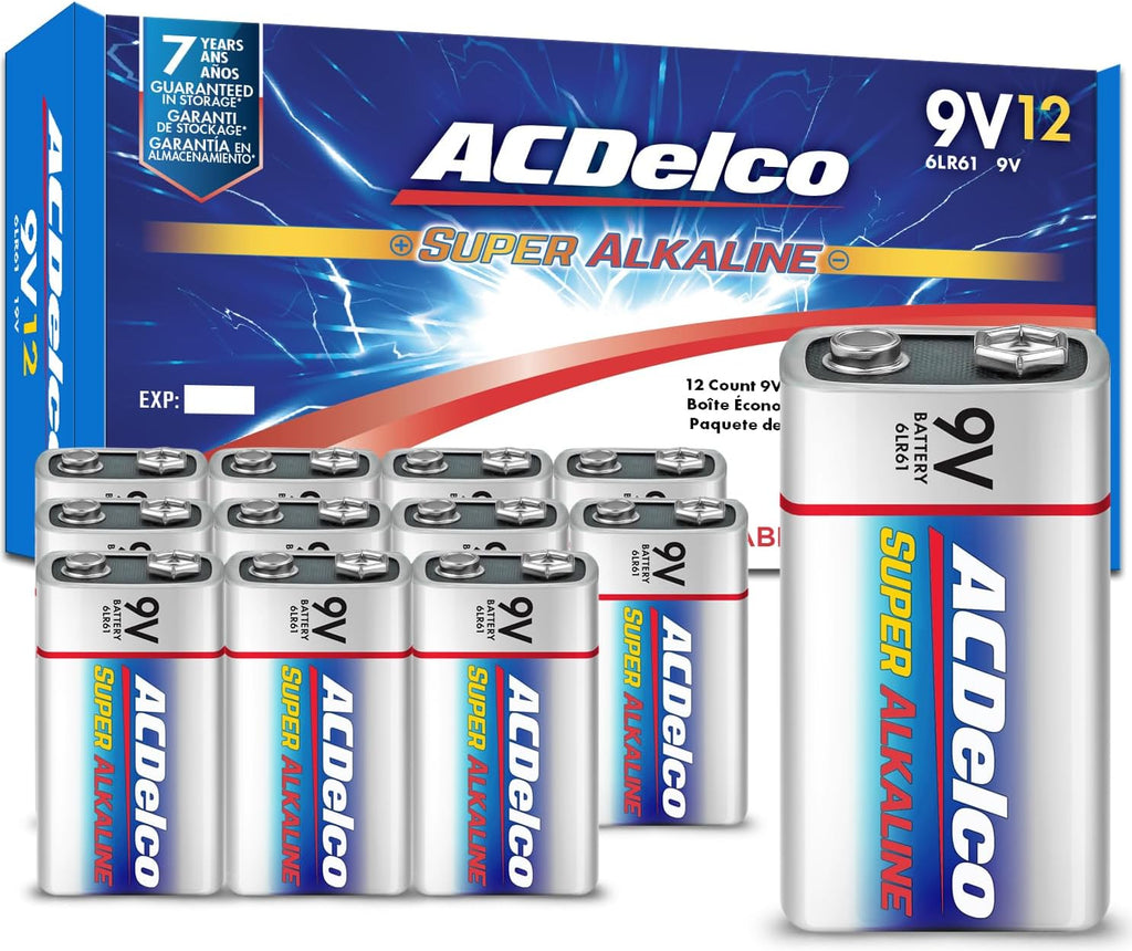 ACDelco 12-Count 9 Volt Batteries, Maximum Power Super Alkaline Battery, 7-Year Shelf Life, Recloseable Packaging