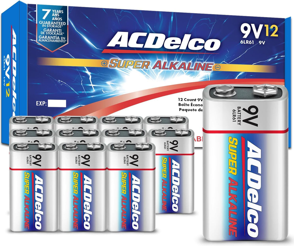 ACDelco 12-Count 9 Volt Batteries, Maximum Power Super Alkaline Battery, 7-Year Shelf Life, Recloseable Packaging